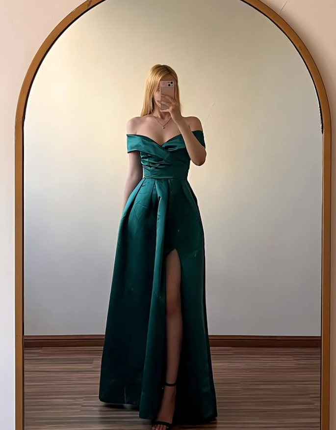 Princess Emerald A Line Off the Shoulder Satin Long Slit Prom Dress Evening Dress DP6513