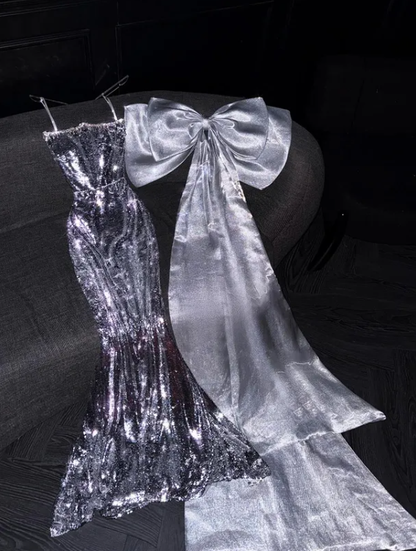 Shiny Silver Sequin Mermaid Strapless Beaded Bow Satin Long Prom Dress DP4643