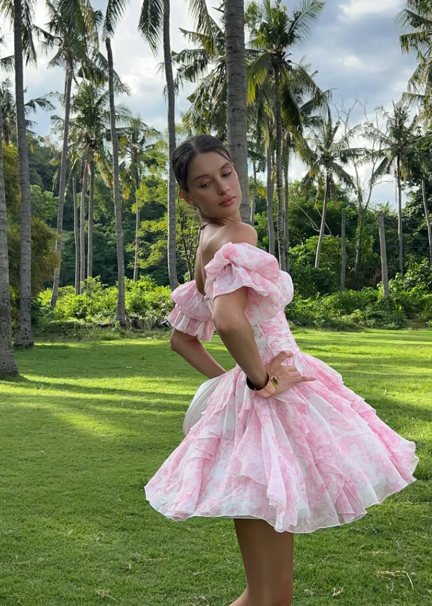 Pink Print Floral A Line Off the Shoulder Ruffle Chiffon Short Homecoming Dress Outfits DP3029