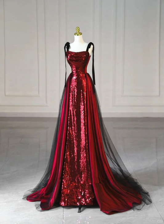 Burgundy Sequins With Black Tulle Long Party Dress Prom Dress DP159