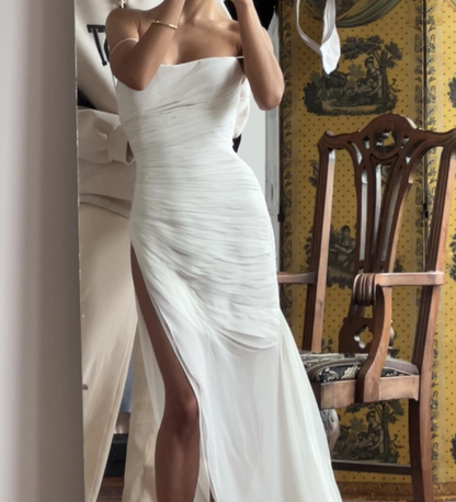 White Flowy Mermaid Spaghetti Strap Pleated Chiffon Wedding Dress Prom Dress with Slit DP3821