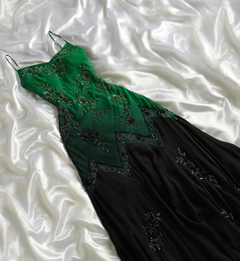 Vintage Stunning Green Black Ombre A Line Straps Beaded Chiffon Prom Dress DP5075