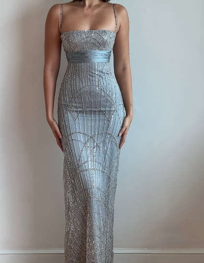 Gorgeous Sheath Spaghetti Strap Beaded Grey Satin Long Prom Dress Evening Dress DP1685