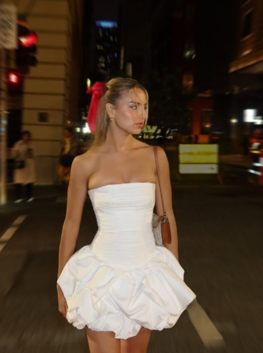 White Simple A Line Strapless Satin Short Homecoming Dress Birthday Dress DP1514