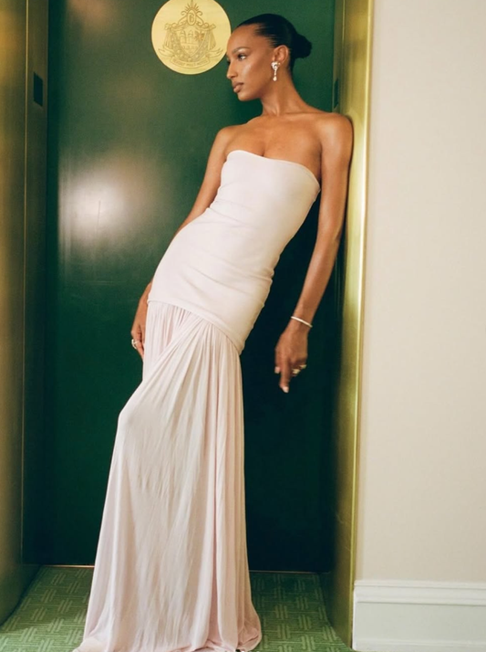 Simple A Line Strapless Light Pink Satin Chiffon Prom Dress Evening Dress DP1609