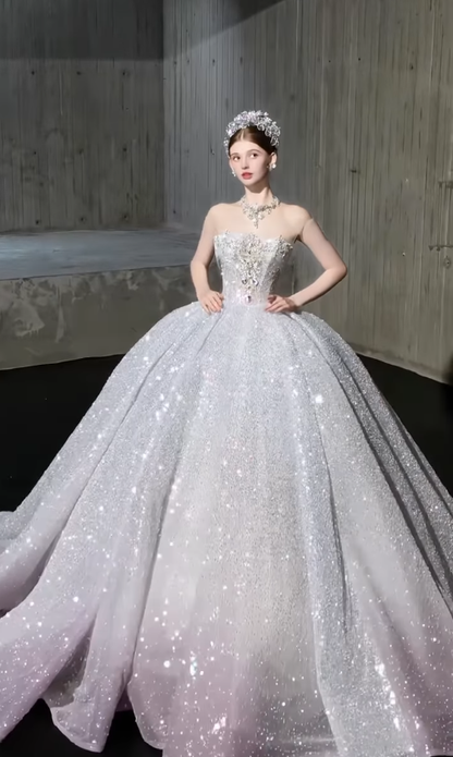 Shiny Ball Gown Strapless Exquisite Beaded Pink Ombre Sequin Prom Dress DP4386