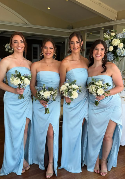 Charming Blue A Line Strapless Pleated Satin Bridesmaid Dress with Slit DP4970
