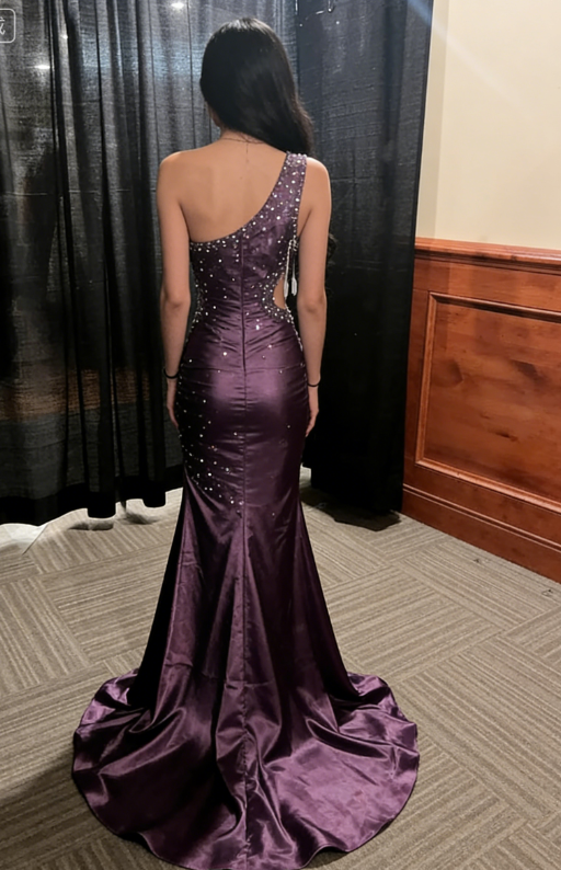 Vintage Purple A Line One Shoulder Pleated Beaded Satin Long Formal Prom Dress Evening Dress DP3073
