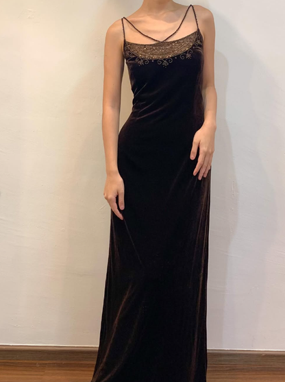 Vintage Sheath Spaghetti Strap Beaded Velvet Prom Dress Evening Dress DP1688