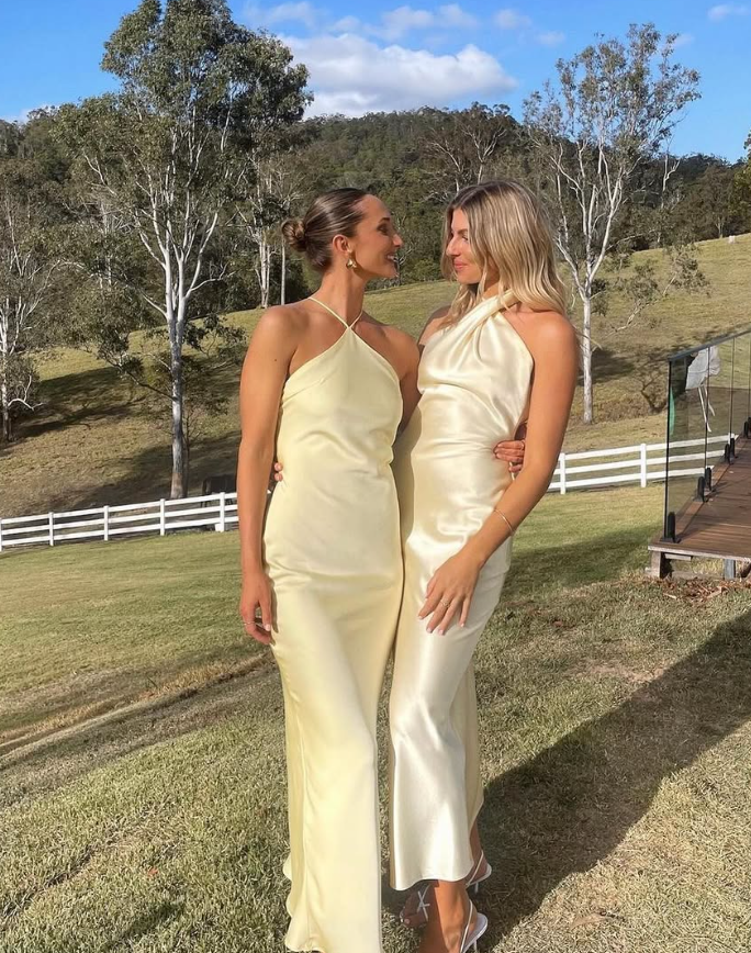 Simple Mermaid Halter Light Yellow Satin Long Prom Dress Evening Dress DP1360