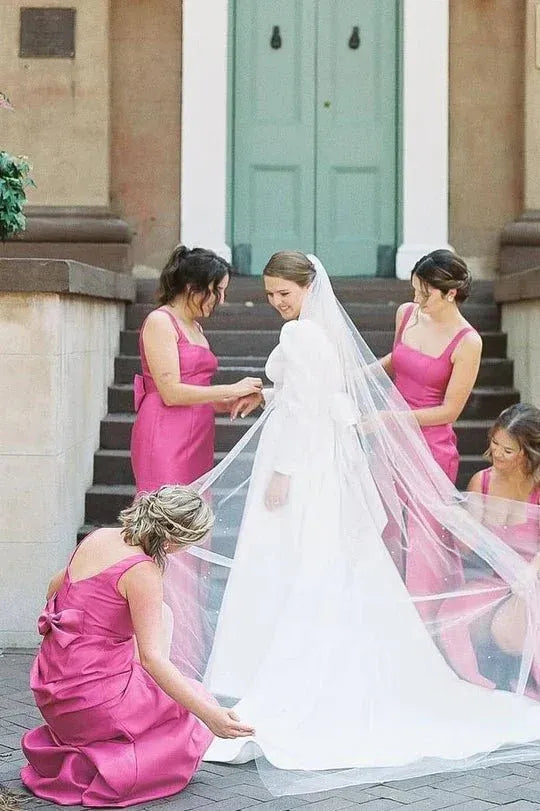 Sheath Square Neck Fuchsia Satin Bridesmaid Dresses with Bow DP5557