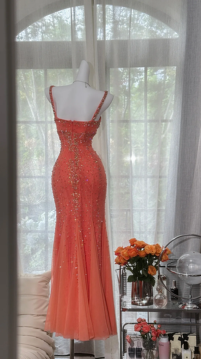 Vintage Mermaid Spaghetti Strap Exquisite Rhinestone Tulle Prom Dress Wedding Guest Dress DP4154