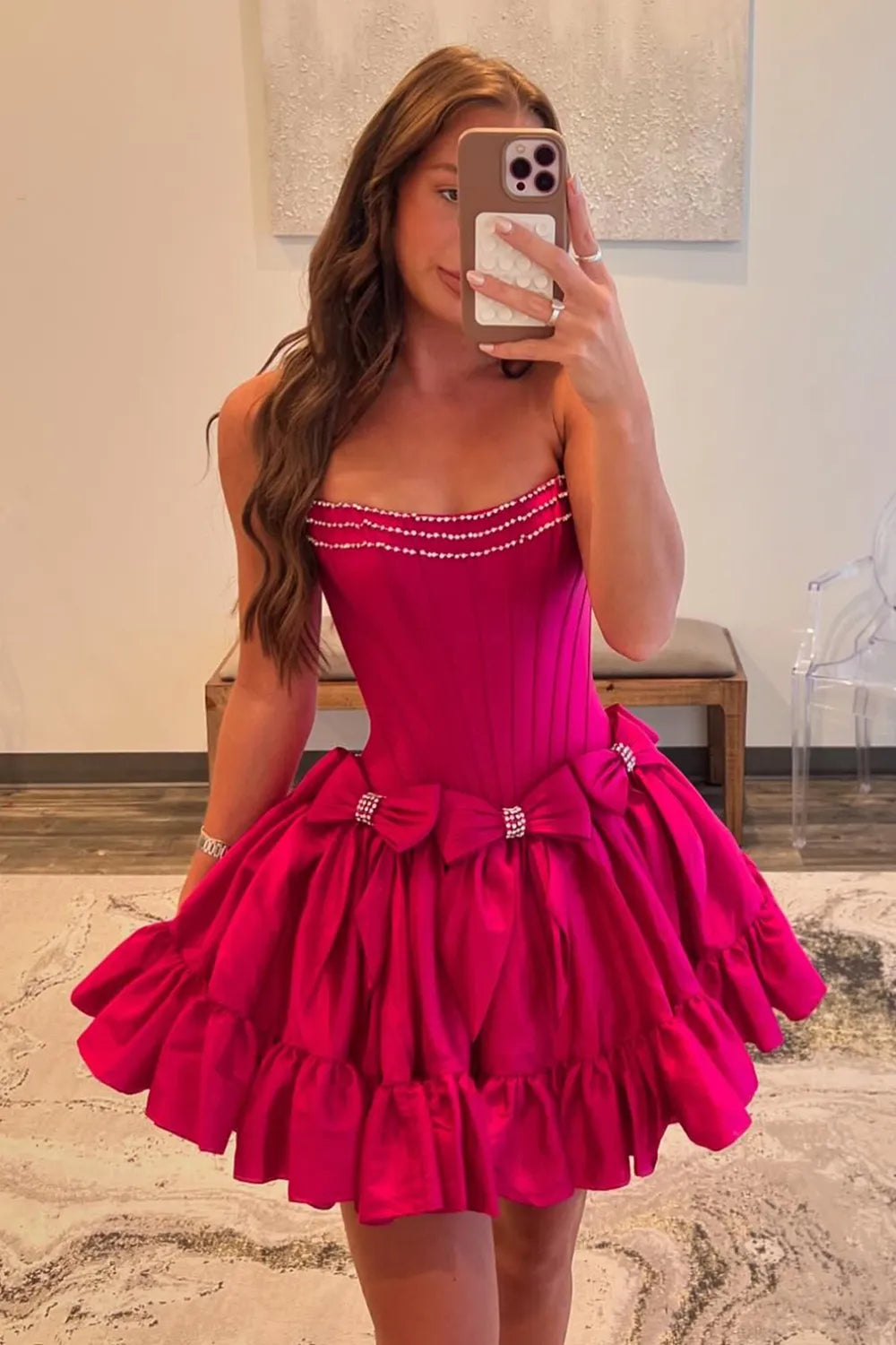 Cute A Line Strapless Hot Pink Short Homecoming Dress with Beading DP7091