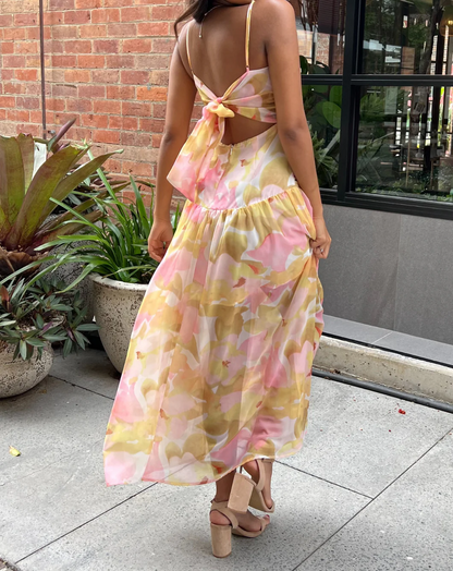 A Line Spaghetti Straps Print Flowy Chiffon Long Prom Dress Outfits with Slit DP1237