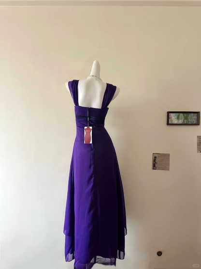 Vintage A Line Straps Beaded Dark Purple Chiffon Prom Dress Outfits DP5013