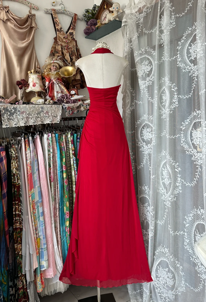 Vintage A Line Halter Red Chiffon Open Back Prom Dress Evening Dress DP4868