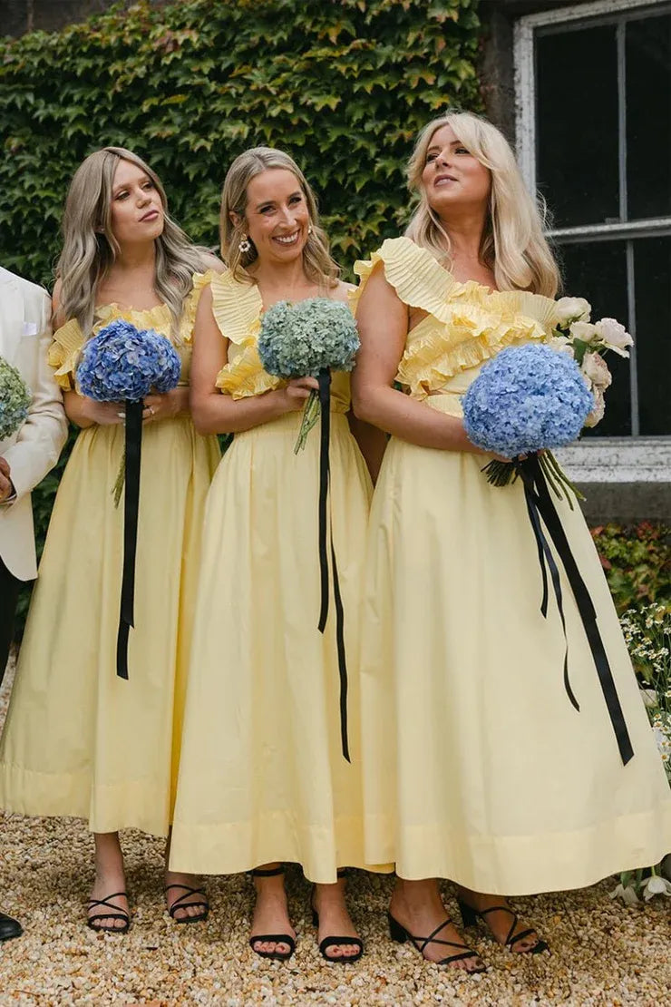 Yellow Off the Shoulder Ruffle Cotton Ankle Length Bridesmaid Dresses DP5564