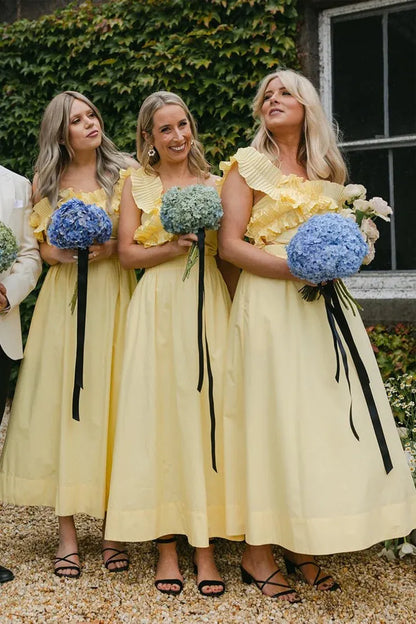 Yellow Off the Shoulder Ruffle Cotton Ankle Length Bridesmaid Dresses DP5564