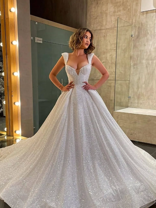 Gorgeous A Line Straps White Sequin Long Prom Dress Evening Dress DP1856