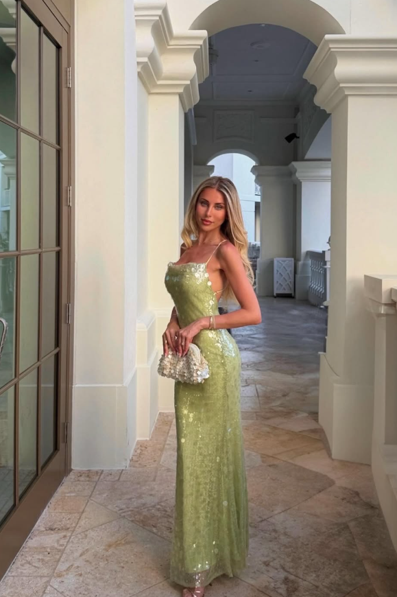 Green A Line Spaghetti Strap Sequin Long Prom Dress Evening Dress DP5401