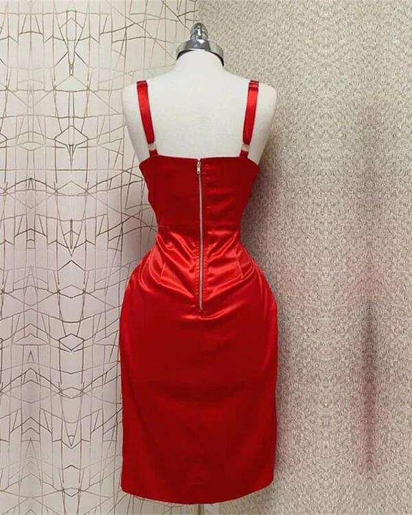 Red Sweetheart Neckline Slit Satin Homecoming Dress Midi Prom Dress DP129