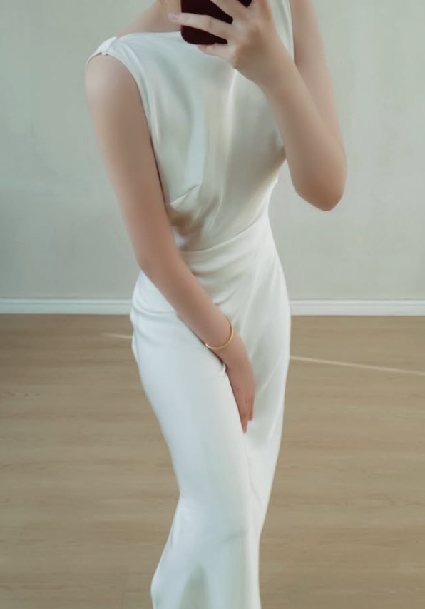 Beautiful Pearl Sheath White Satin Backless Long Prom Dress Evening Dress DP7958