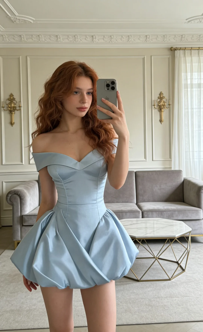 Blue Tulip Dress A Line Off the Shoulder Satin Short Homecoming Dress Cocktail Dress DP5044