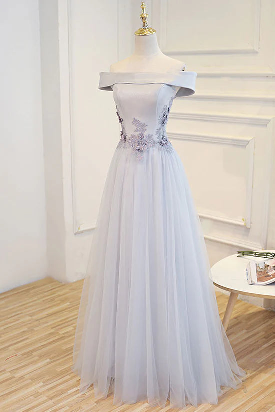 Gray A Line Off the Shoulder Lace Tulle Satin Long Prom Dress Evening Dress DP1301