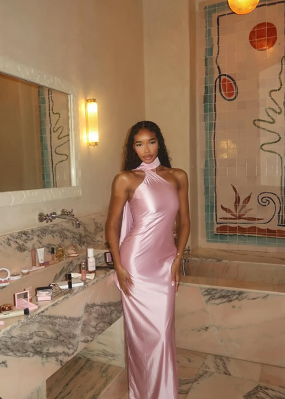 Gentle Sheath Halter Simple Pink Satin Prom Dress Evening Dress DP4003