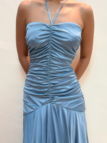 Vintage Mermaid Halter Tiered Blue Satin Prom Dress Evening Dress DP1666