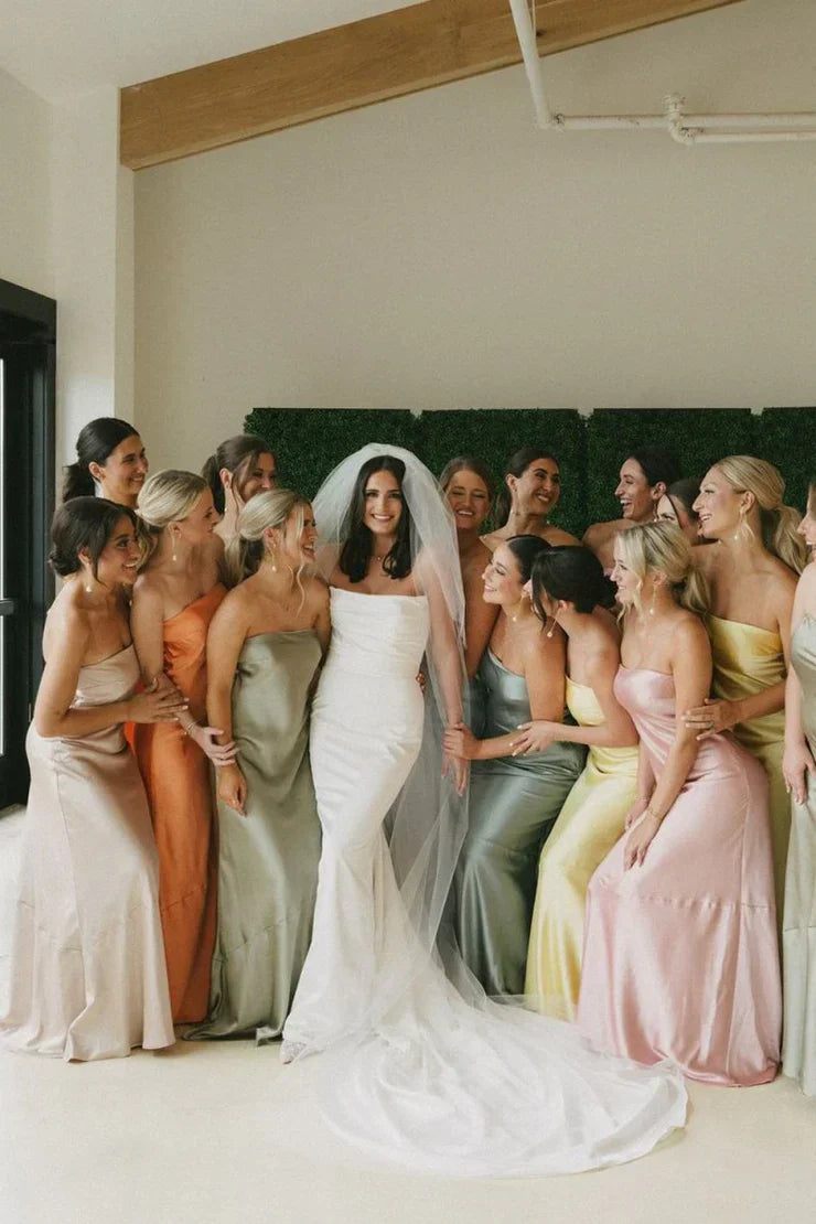 Yellow Sheath Strapless Colorful Silk Satin Long Bridesmaid Dresses DP5569