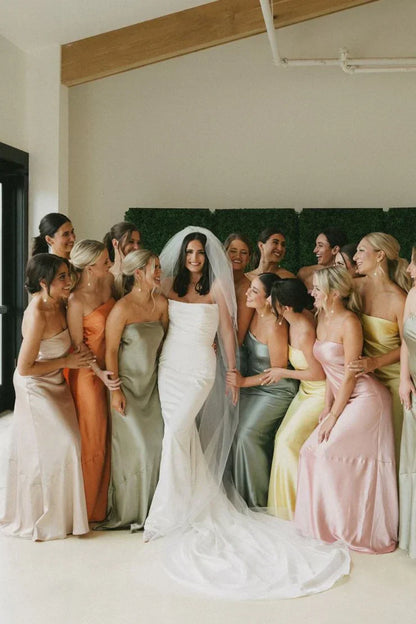 Yellow Sheath Strapless Colorful Silk Satin Long Bridesmaid Dresses DP5569