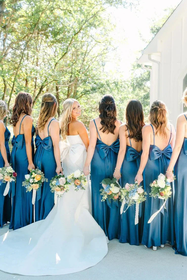 Simple Mermaid Spaghetti Straps Blue Long Bridesmaid Dresses with Bow Back DP5550