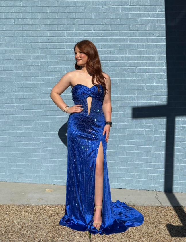 Dark Blue Sheath Sweetheart Neck Beaded Satin Prom Dress Evening Dress DP6594