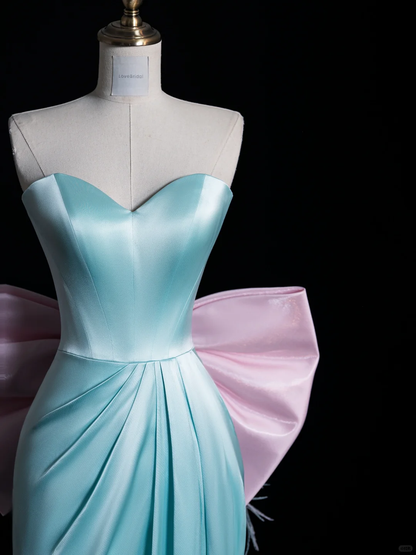Cute A Line Sweetheart Neck Pink Bow Blue Satin Long Prom Dress Graduation Prom Dress DP2048