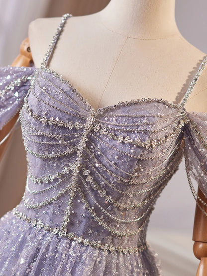 A Line Off the Shoulder Sequin Rhinestones Tulle Long Prom Dress Evening Dress DP1049