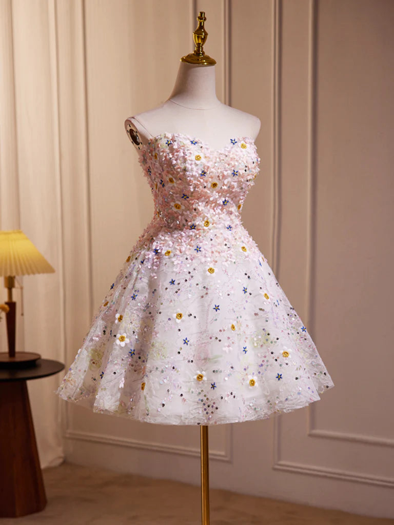 A Line Sweetheart Neck Tulle Flower Light Pink Short Homecoming Dress Cocktail Dress DP1041
