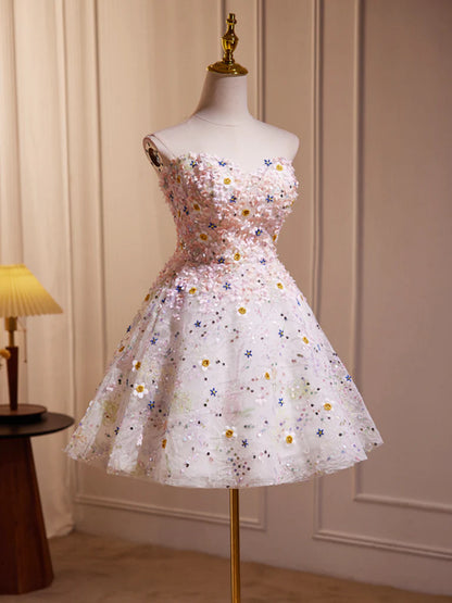 A Line Sweetheart Neck Tulle Flower Light Pink Short Homecoming Dress Cocktail Dress DP1041