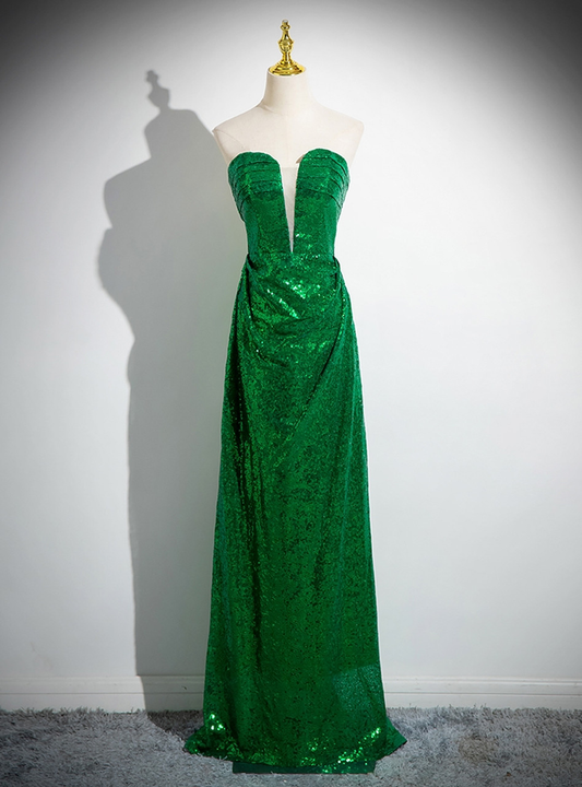 Green Sequins Strapless Pleats Prom Dress DP269