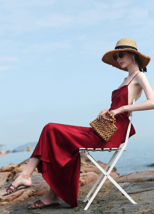 Elegant Sheath Spaghetti Strap Burgundy Satin Open Back Evening Dress Party Dress DP3403