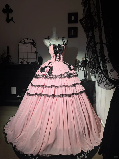 Cute Ball Gown Spaghetti Strap Black Bow Pink Satin Prom Dress Quinceanera Dress DP6955