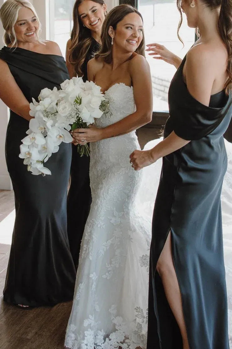 Sheath Slit Ankle Length Bridesmaid Dresses with One Shoulder DP5558