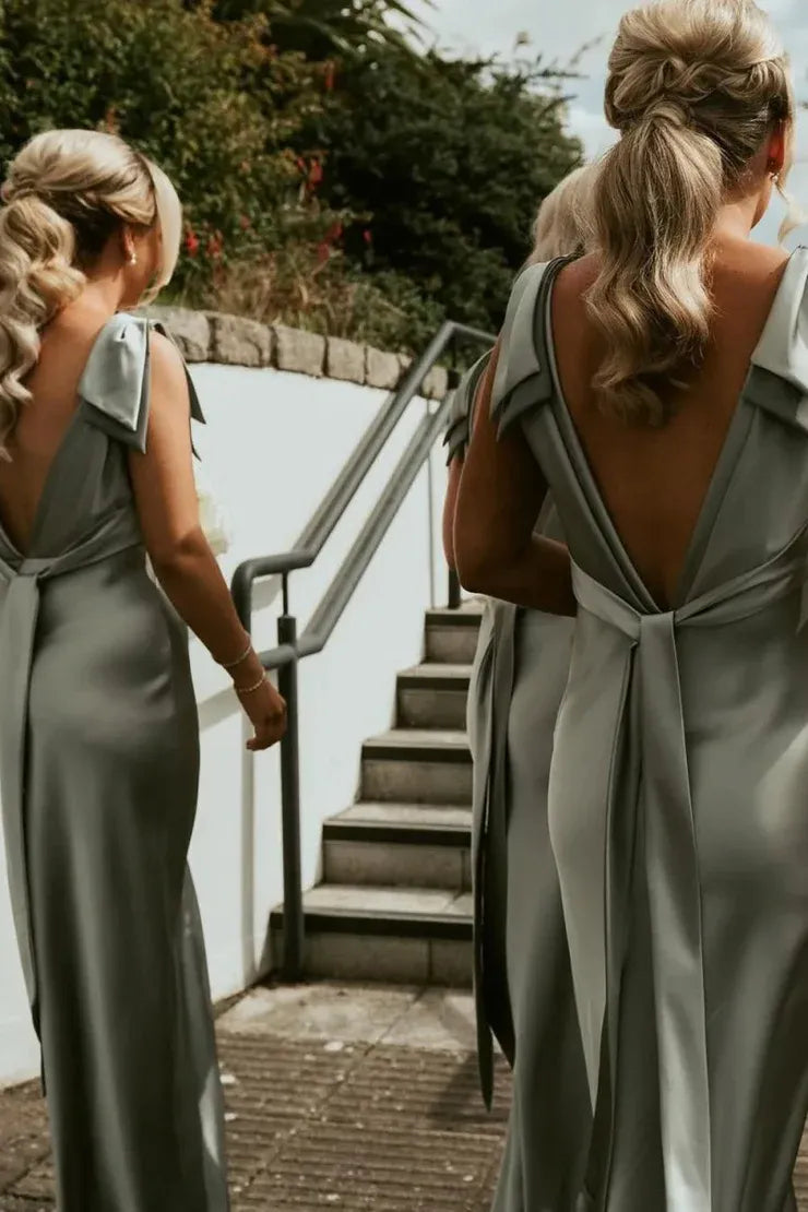 Sheath V Neck Sage Green Silk Satin Bridesmaid Dress with Bow DP5559