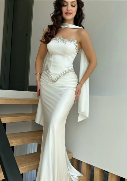 White Sheath Strapless Exquisite Beaded Satin Prom Dress Evening Dress DP5030