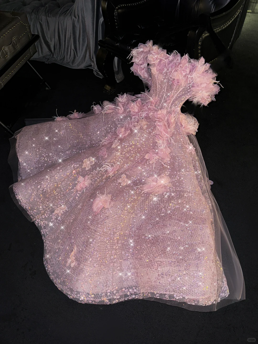 Princess A Line Off the Shoulder Pink Feather Flower Sequin Prom Dress Evening Dress DP2458