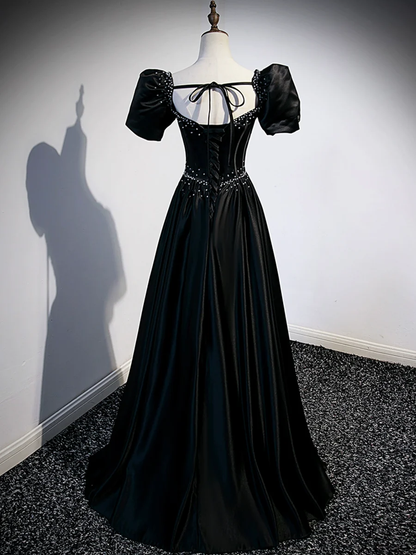 Black Satin Beaded Prom Dress A-Line Evening Dress DP258