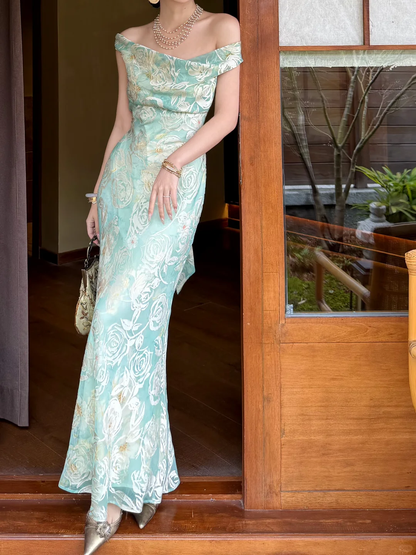 Light Green Mermaid Rose Print Chiffon Long Prom Dress Evening Dress DP5650