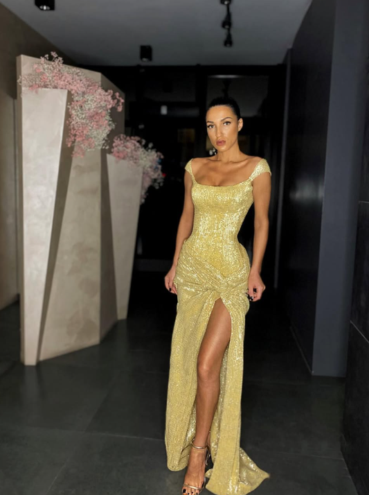 Shiny Sheath Strap Yellow Sequin Prom Dress Evening Dress with Slit DP5603