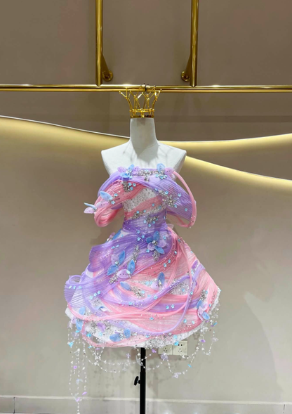 Dreamy Fairy A Line Exquisite Beaded Blue Pink Tulle Short Prom Dress Homecoming Dress DP6629