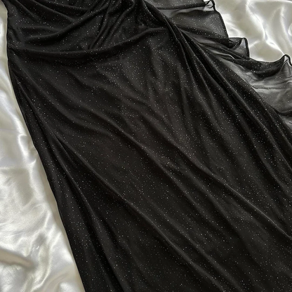 Charming A Line Straps Black Chiffon Prom Dress Evening Dress DP1940